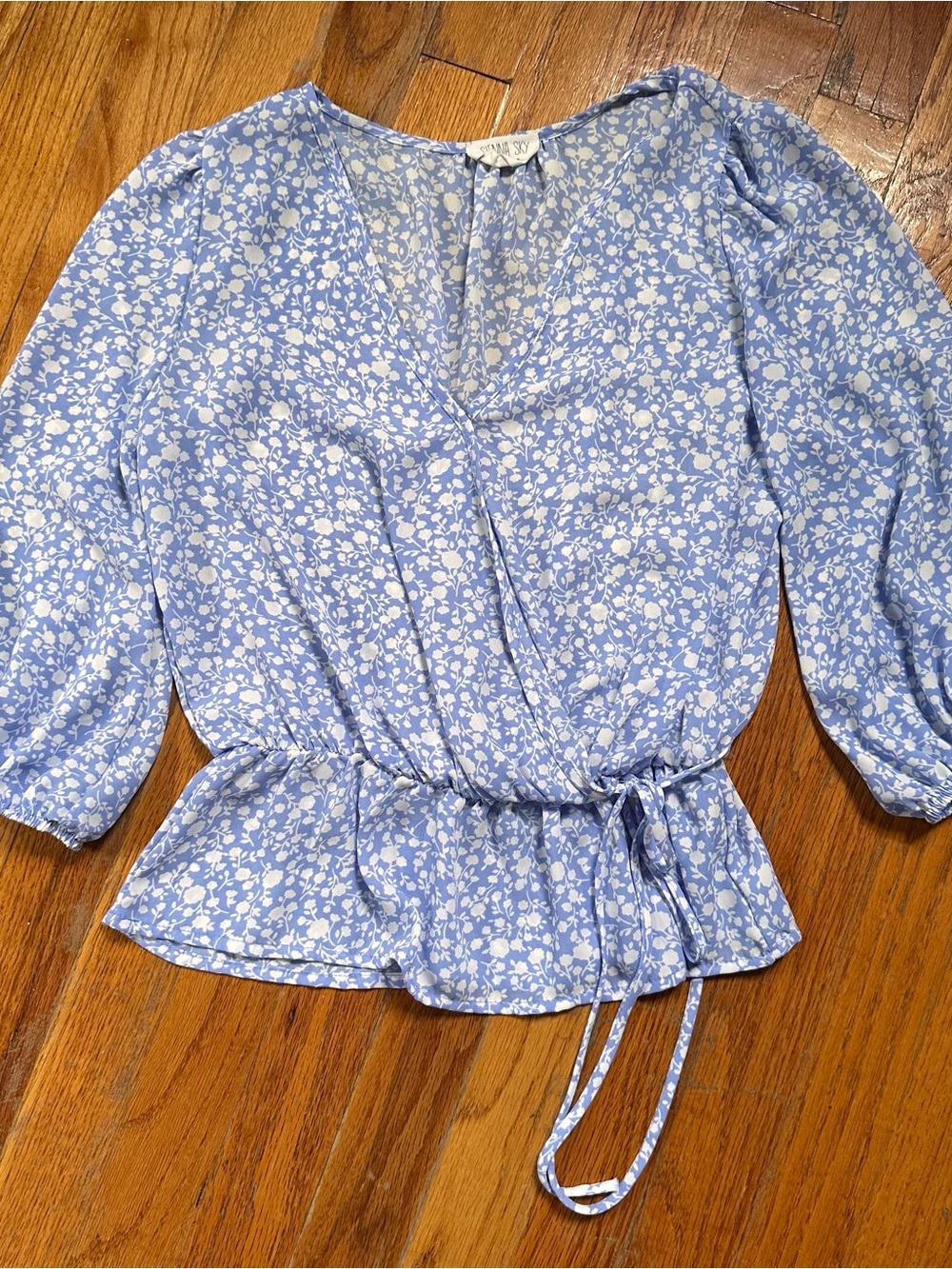 Sienna Sky Light Blue Floral Wrap Peplum Blouse